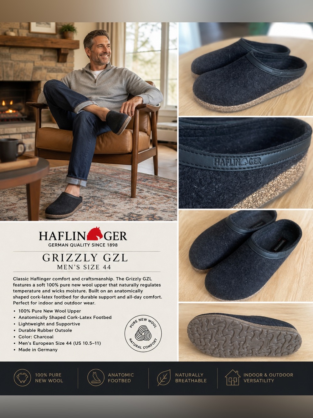 Haflinger Grizzly GZL Wool Felt Clogs Charcoal Men’s EU 44 US 10.5-11
